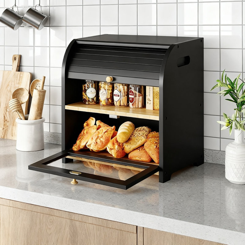 Boîte à pain, boîte à pain en bambou, corbeille à pain à roulettes, boîte de rangement pour aliments, grande capacité, armoire de rangement en bois, 2 niveaux (noir)