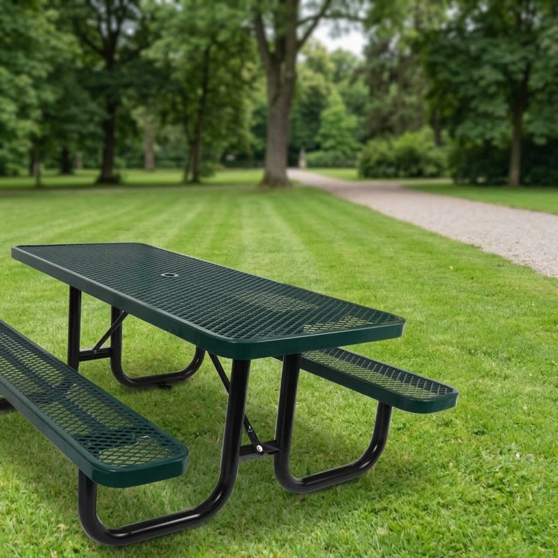 Table de pique-nique extérieure rectangulaire en acier au carbone avec trou pour parasol L 72,5 po x l 61 po x H 29,5 po