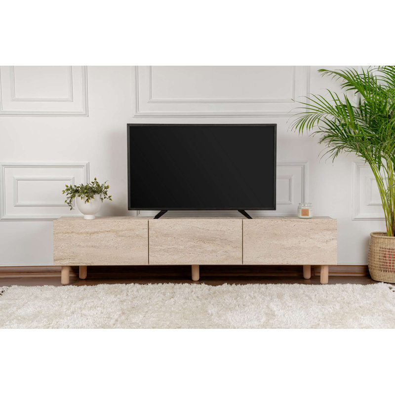 Modern TV Stand with Wooden Legs, 70.9 x 16.5 x 12.4 inches | 100% Melamine Coated Particle Board, Thickness: 0.7 inches | Stylish Marble Design for Living Room, Durable & Elegant Storage Solution