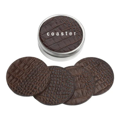 Graphic Image 4 Coasters with Tin Box, Leather,Brown Embossed Croc Leather