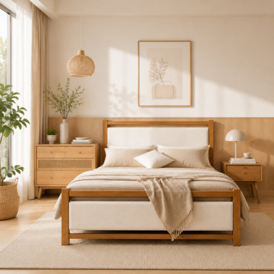 Queen Size Upholstered Platform Bed,Linen Cream