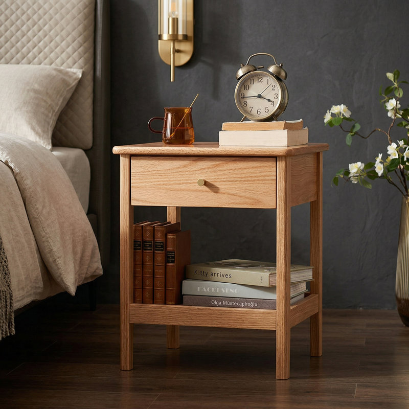 Nightstand, Solid Oak Wood Night Stand with Drawer and Open Shelf, Modern Bedside Table with Brass Handle and Wooden Sliding Rail, Small Side Table for Bedroom, Living Room