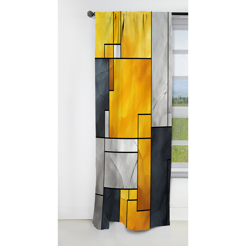 Panneau de rideau géométrique, motif occultant à motif gris-jaune - Fusion géométrique jaune et gris V, L 52 po x L 90 po
