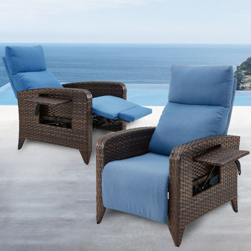 Fauteuil inclinable d'extérieur en osier avec table Dasai, Bleu, Brun