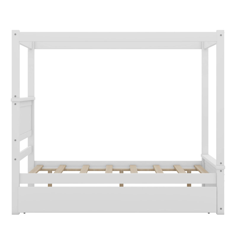Cactier Full Size Canopy Platform bed With Trundle Bed, Brushed White