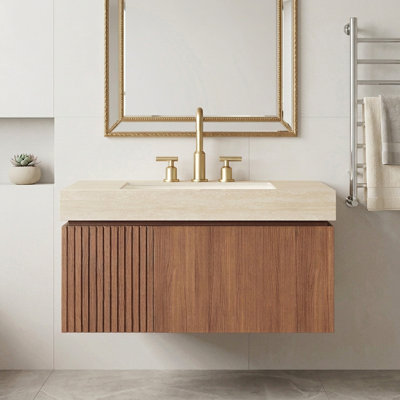 Meuble-lavabo mural 36 po en contreplaqué, grain de bois de chêne brun Heidelberg, armoire de rangement imperméable, anti-déformation et anti-moisissure avec portes et tiroirs, pré-assemblé