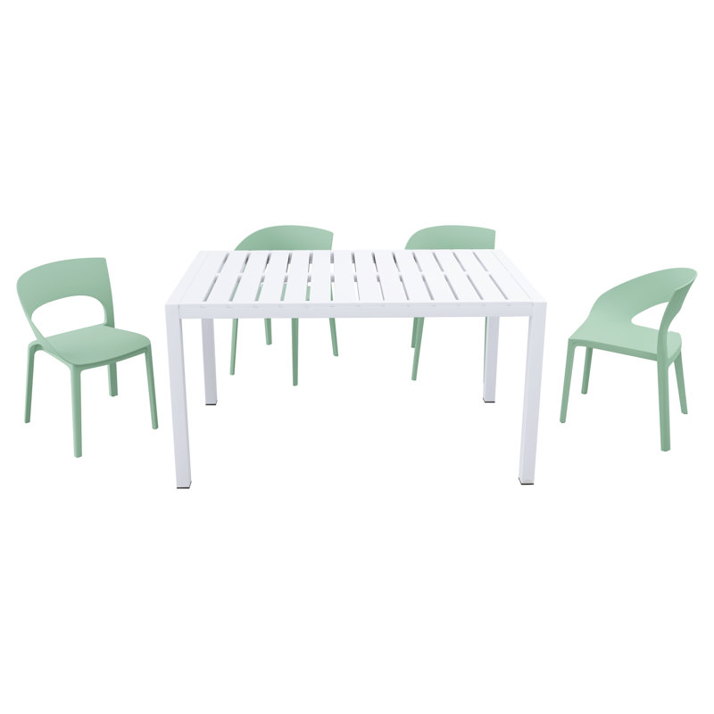 Chaise en polypropylène vert brume et longue table blanche moderne - Confort ergonomique, conception robuste pour une utilisation intérieure et extérieure