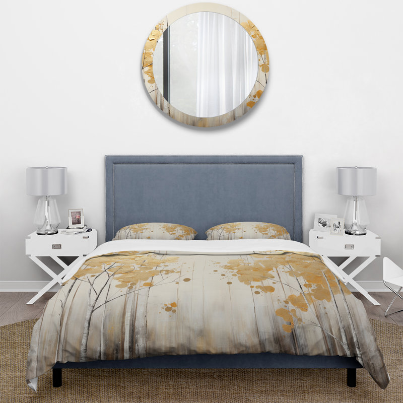 Ensemble de housse de couette Minimalisme blanc et doré Forest I - Forest, Housse de couette pour grand lit et 2 taies décor
