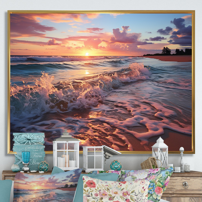 «Beachside Sunset Horizon 5 - Rose», art mural, Cadre flottant doré, H 16 po x l 32 po x P 1 po