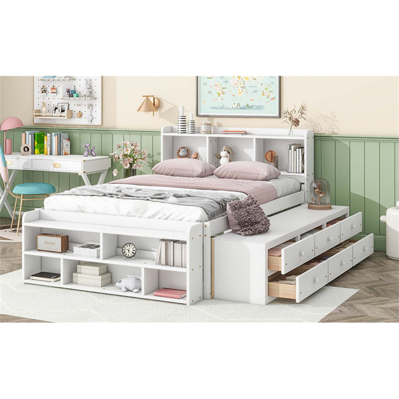 Lit pratique avec bibliothèque latérale multifonctionnelle et tiroirs à roulettes lisses pour une chambre propre et relaxante