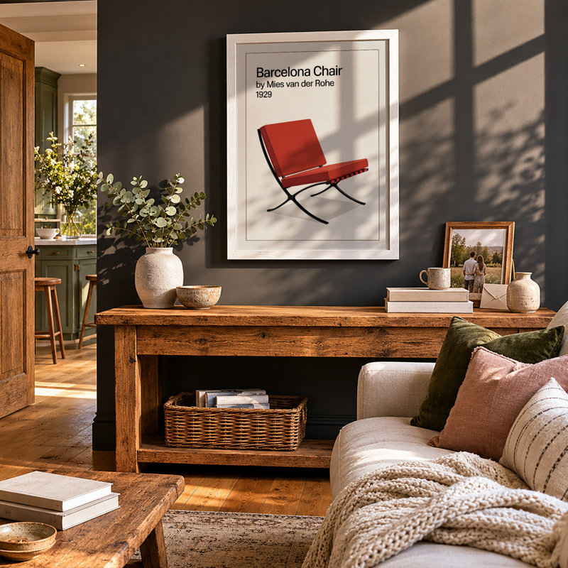 Barcelona Chair Modernist Mid-Century - Framed Print, A1 - 84.1 x 59.4 cm, White