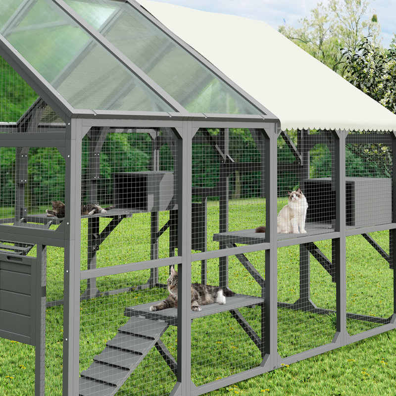 Grand patio pour chat pour plusieurs chats - maison en bois avec 7 plateformes, 2 boîtes de repos, pont, rampe et cage de sécurité, abri de toit gris, caractéristique supplémentaire, matériaux