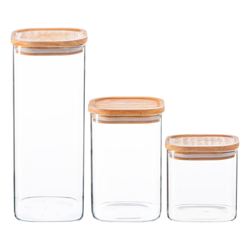 Argon Tableware - Square Glass Storage Jars with Wooden Lids - 3 Piece Set