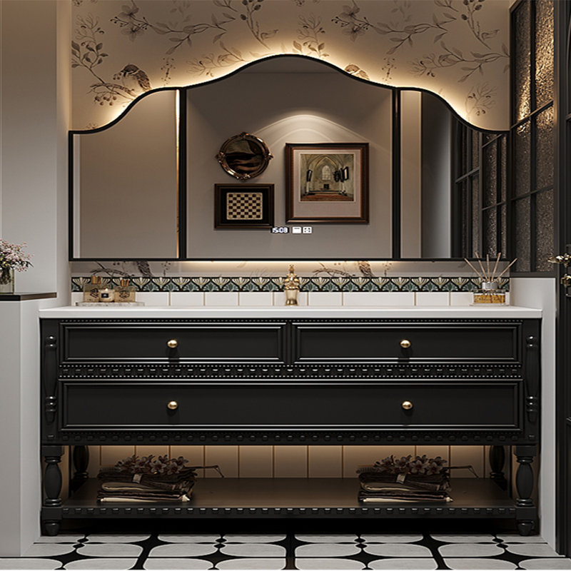 Smart bathroom cabinet retro American style, 31.89" H x 66.93" W x 21.65" D, Black
