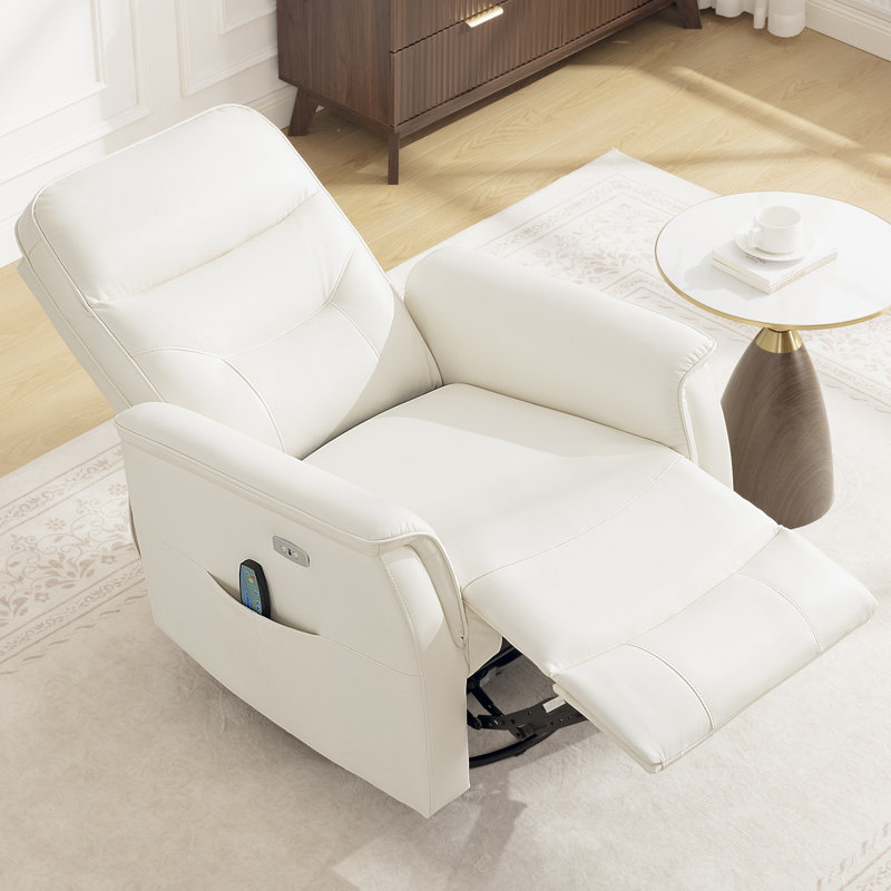Fauteuil inclinable électrique en similicuir de 34 po de largeur avec chaleur et massage, pivotant à 360 ° et fauteuil inclinable à bascule de 30 ° pour le salon et le cinéma maison - blanc