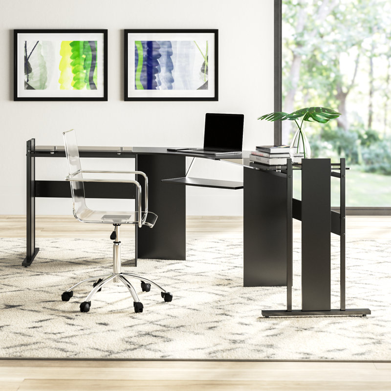 Pauletta L-Shaped Metal Base Computer Desk, Graphite Black