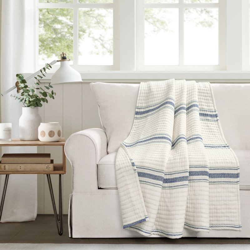 Jeté 100% coton Westridge, Bleu marine / blanc