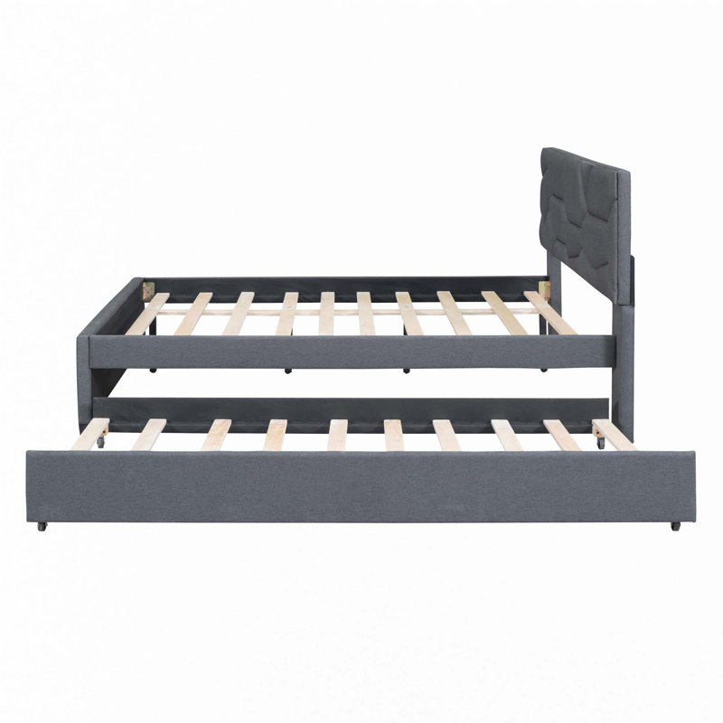 Lit plateforme tapissier avec lit gigogne, Grey, Full