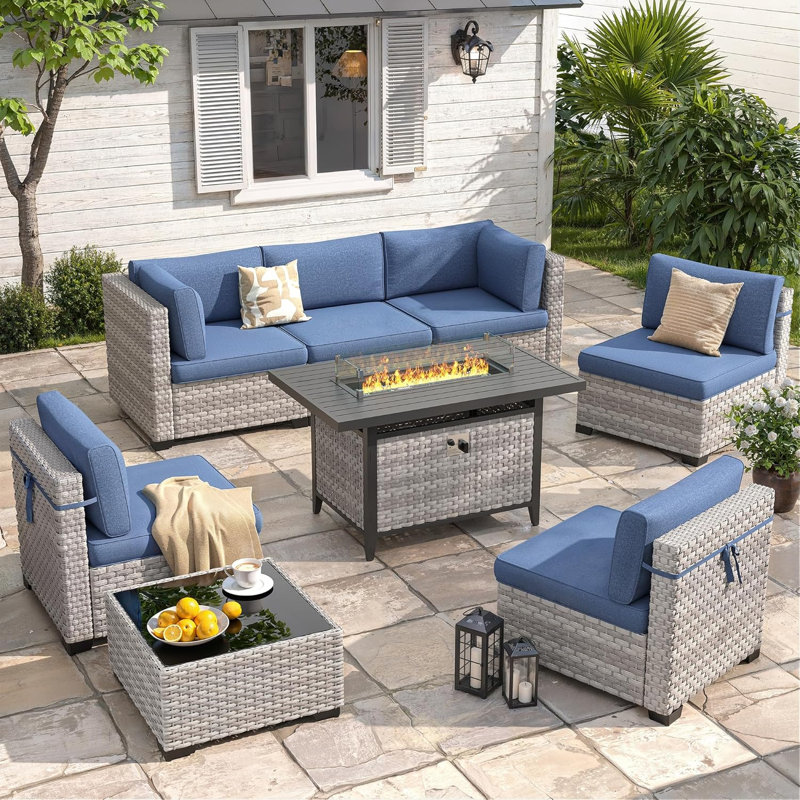 6-Piece Rattan Outdoor Conversation Set with Cushions and Glass Coffee Table & Optional Fire Pittable, Navy