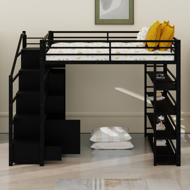 Modern Loft Bed Including Display Shelves, Storage Cabinets