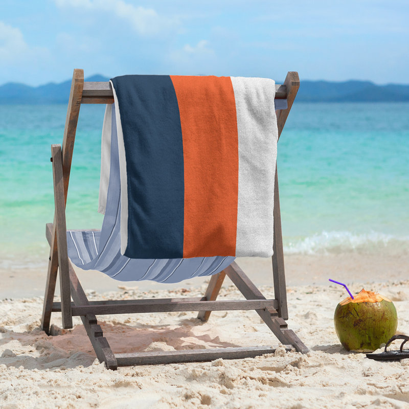 Cotton Blend Beach Towel, Navy Blue/Orange/Off White