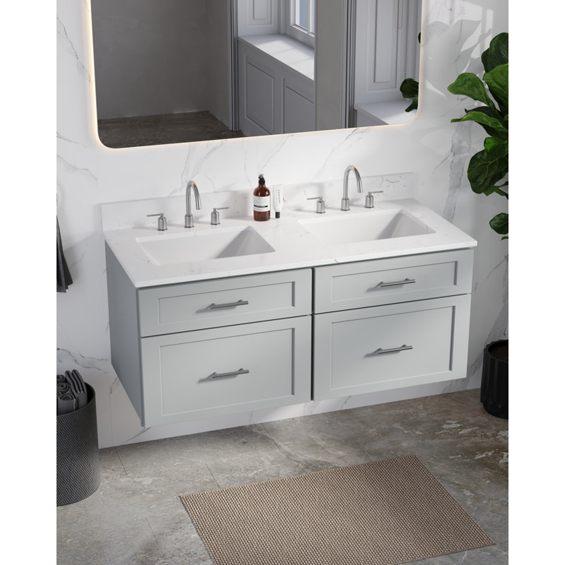Meuble-lavabo double mural 48 po avec comptoir en quartz Carrara, Gris
