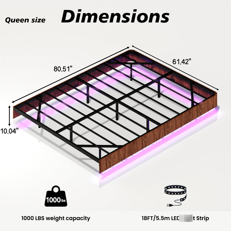 Queen Walnut Floating Bed Frame With Led Lights, Wave - Wood, Metal Slats, Invisible Support Structure, Remote Controlled Color Adjustable Lighting, High Strength Frame, Relaxing Sleep Curve Texture,