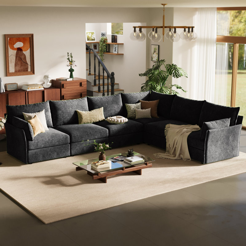 Merchelle Modular L-Shaped Sectional Sofa, 5-Seat, Reversible Configuration, Chenille Upholstery In Rust Orange, Removable Cushions, Modern Deep-Seat