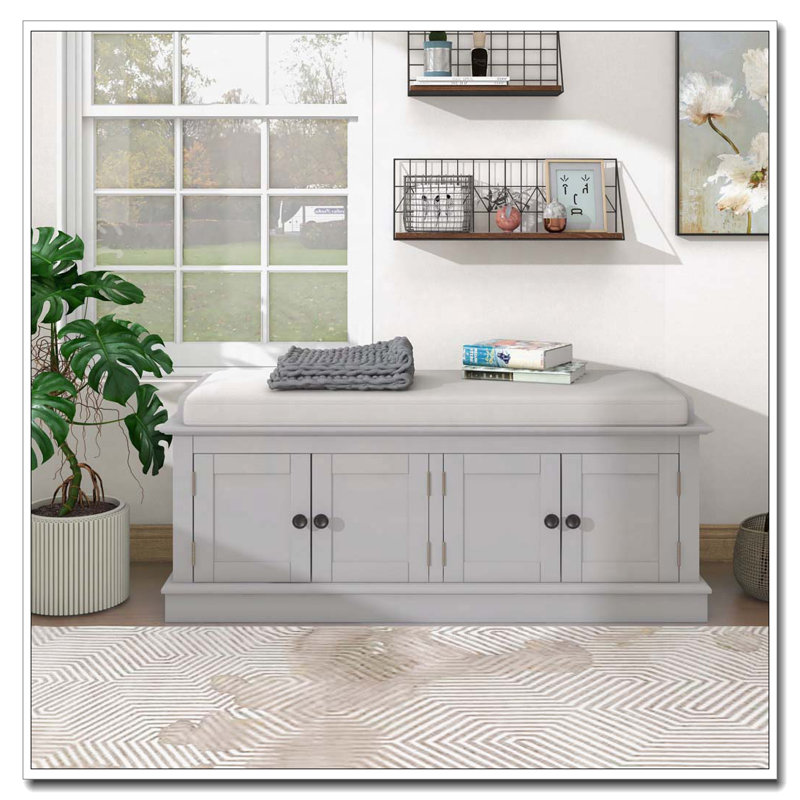 Banc de rangement avec 4 portes et tablettes réglables, coussin amovible, Gris délavé