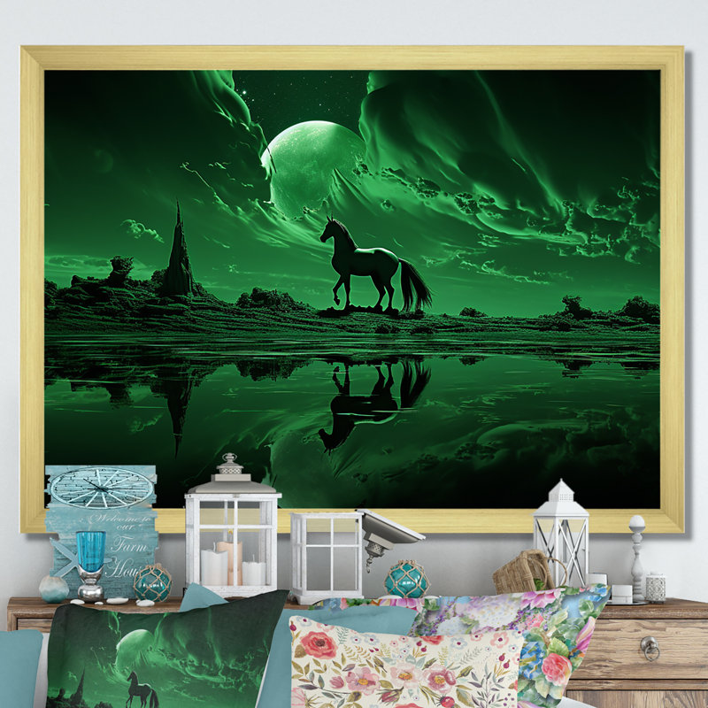 Emerald Enigma Mystical Horse sur toile, H 12 po x l 20 po x P 1 po, Cadre doré simple
