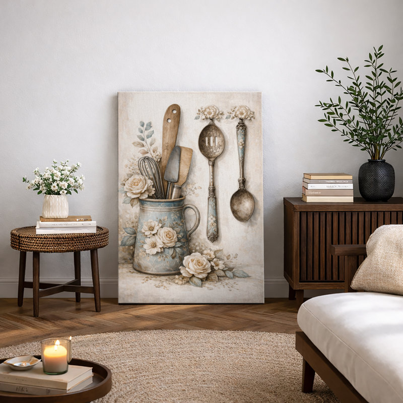 «Vintage Kitchen Utensils Floral Still Life», images de cuisine, impression sur toile encadrée, impression numérique