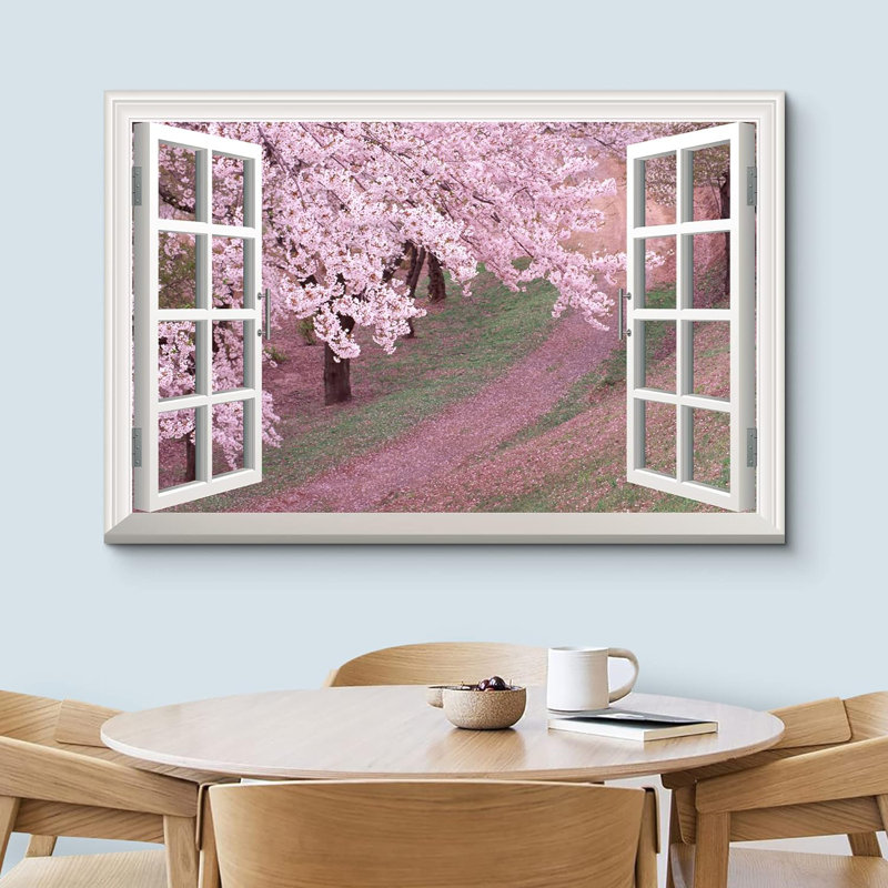 Fenêtre décor de cerisier rose / fleur de sakura au printemps - impression sur toile tendue, H 24 po x l 36 po