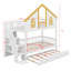 Lit superposé House avec lit gigogne, structure en bois massif avec escalier de rangement, toit et fenêtres-808775342