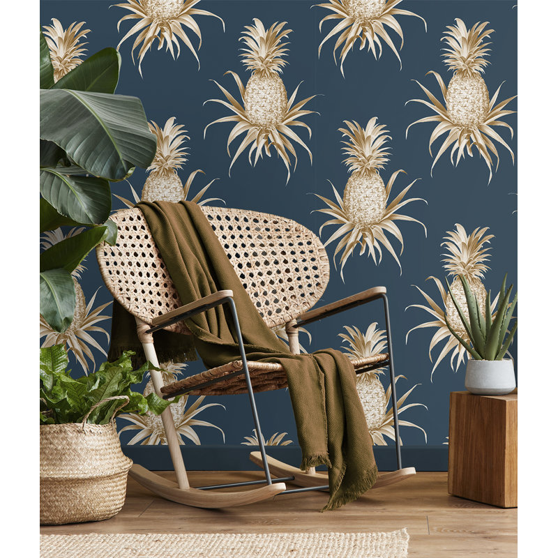 Papier peint floral Ailish, Bleu marine / caramel écossais métallique