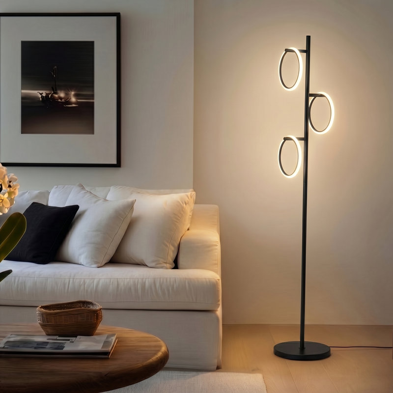 Lampe sur pied DEL moderne de 66 po avec 3 lumières annulaires, finition noire et gradation tactile intégrée à 3 voies Saturn