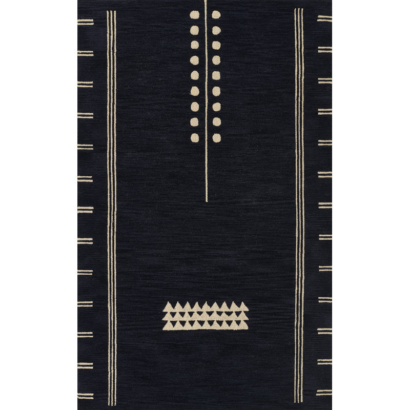 Tapis bleu marine / sable en laine touffeté à la main à motif géométrique, Rectangle 5 pi x 8 pi