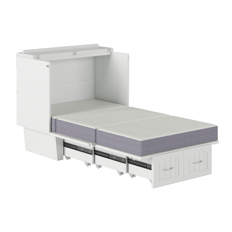 Lit escamotable en bois massif avec station de charge et matelas Kindig, Blanc, Simple