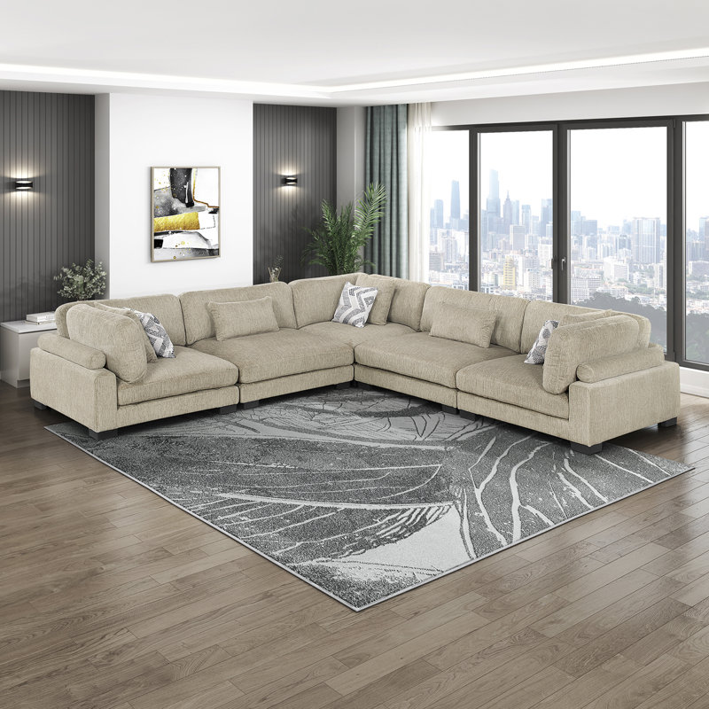 Canapé modulaire en velours côtelé 5 pièces Brinsley, Brown, H 34,5 po x l 135 po x P 135 po, Symétrique