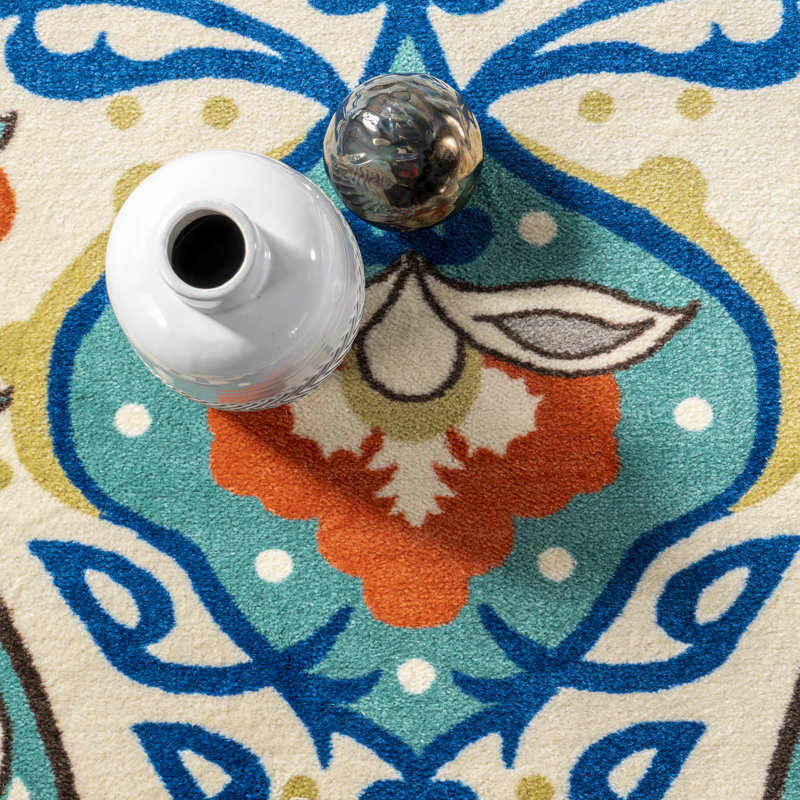 Tapis bleu à motif floral Kujawa, Rectangle 8 pi x 10 pi