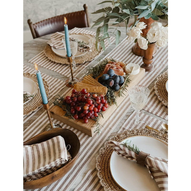 Amalfi Stripe - 100% Pure Linen Table Runner, 144" x 14", Brown/Cream