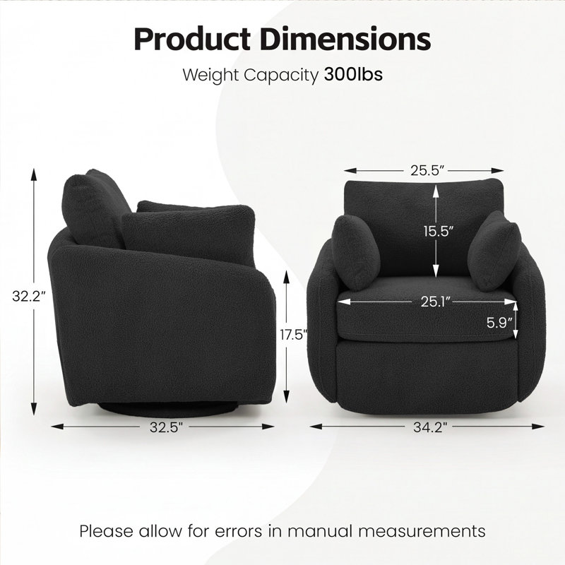 Chaise d'appoint moderne pivotante à 360 ° avec revêtement Sherpa Boucle, Black