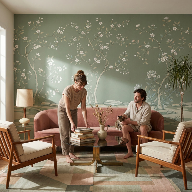 Papier peint floral chinois discret, 100"x96", Peler et coller