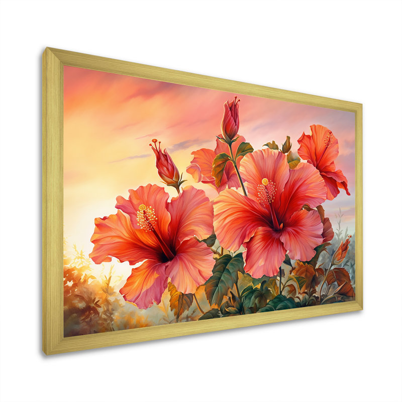 Hibiscus corail sur la plage I - Hibiscus, reproduction d'art mural, Cadre doré simple, H 16 po x l 32 po x P 1 po