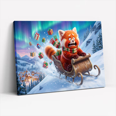Ensemble de 1 tableau sur toile tendue représentant un panda roux lors d'une promenade en traîneau à Noël