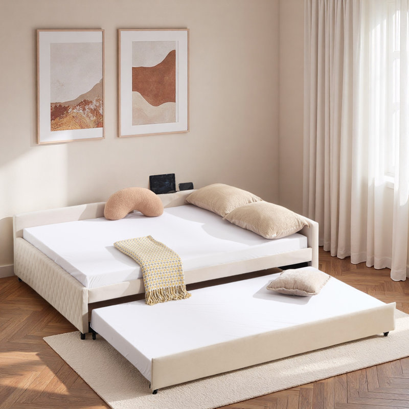 Upholstered Daybed With Trundle And Usb, Beige
