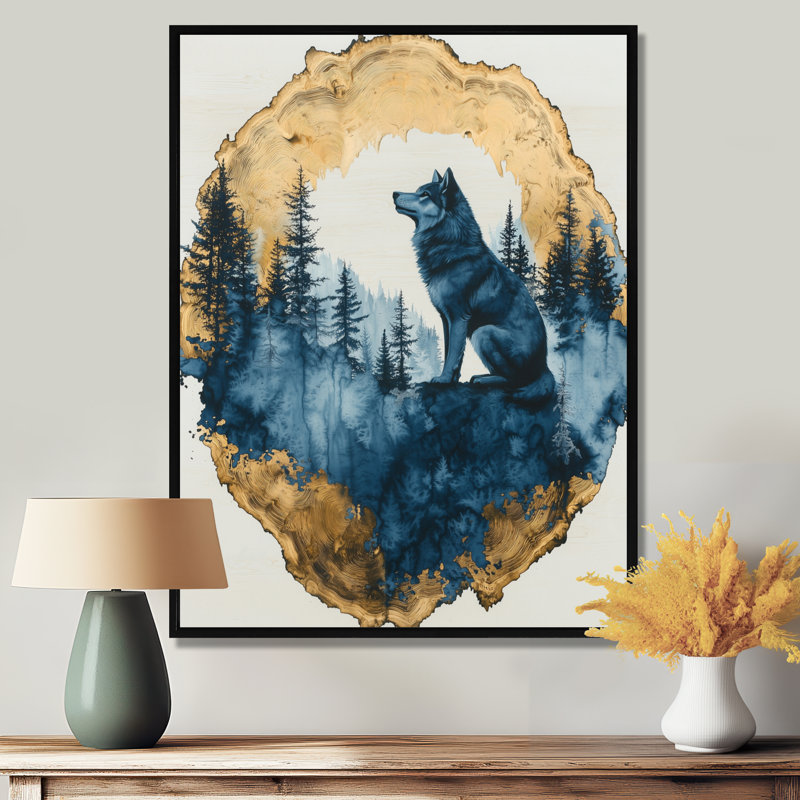 Gradys, loup doré dans un paysage de forêt bleue II - loup, art mural sur toile, Noir, Reproduction avec cadre flottant