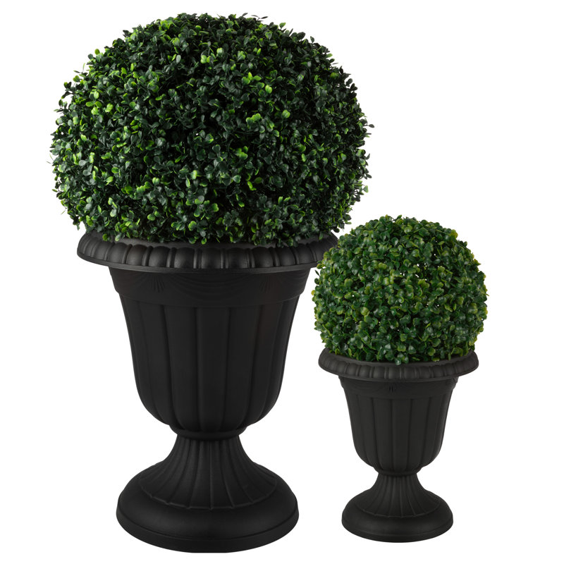 Outdoor Planter 2-Pack - Large and Small Urn Planters - Plastic Plant Pots for Indoor, Outdoor, or Front Porch Decor by Pure Garden (Black)