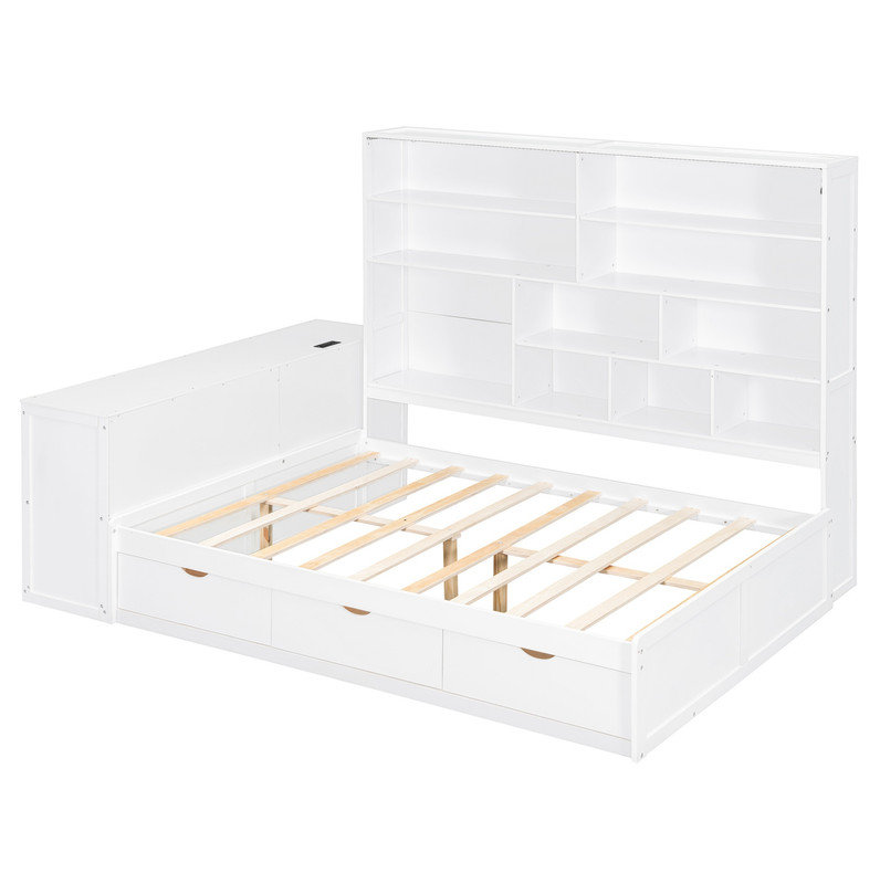 Lit de jour double en bois avec trois tiroirs, bureau, tablettes et lumières, blanc, Blanc