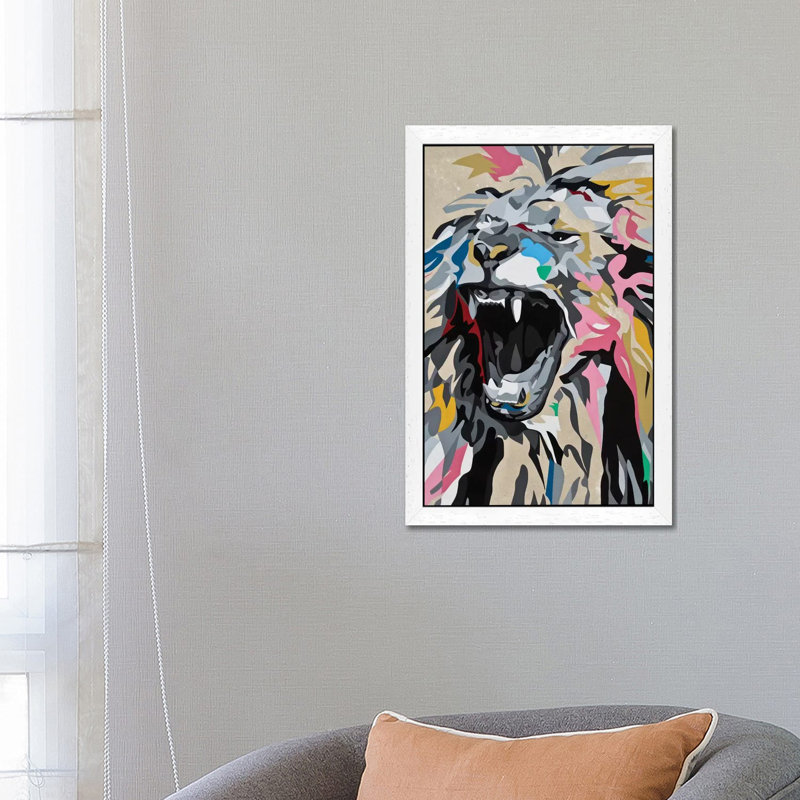 Roaring Lion by DAAS - Painting on Canvas, 101.6 cm H x 66.04 cm W, White Framed