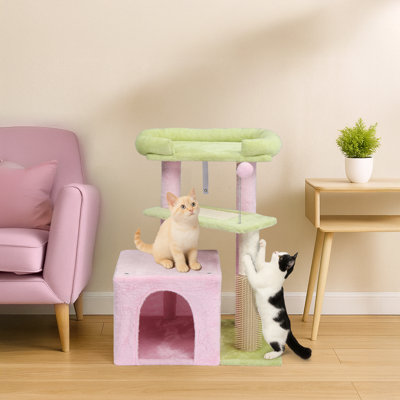 27.5 Pink & Green Multi-Level Cat Tower With Cat Scratching Post And Pad